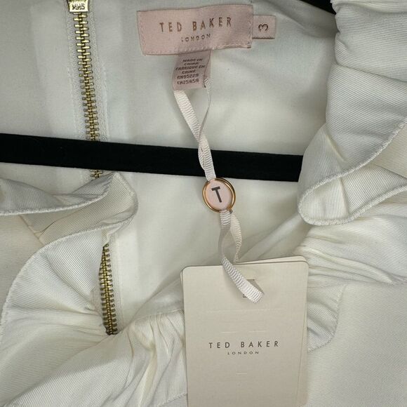 NWT Ted Baker London Ivory Qwinn ruffled Twill V-Neck Front Skater Dresss - Picture 13 of 15